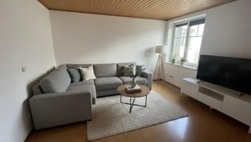 Gemütliches Wohnzimmer mit L-förmigem Sofa, Holzbalkendecke und Blick nach draußen.