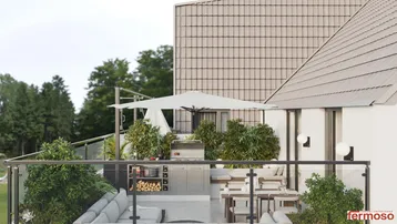 Moderne Dachterrasse mit Grillbereich, Essplatz und gemütlicher Lounge-Ecke unter einem Sonnenschirm.