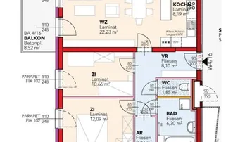 Grundriss einer Wohnung mit offenem Wohn-Essbereich, separater Küche, zwei weiteren Zimmern und Balkon.