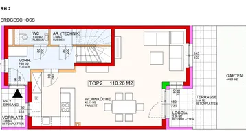 Grundriss des Erdgeschosses mit offener Wohnküche, Terrasse und Gartenbereich.