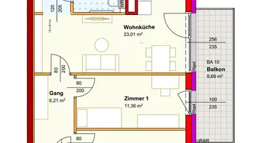 Grundriss der Wohnung W 10 mit Wohnküche, zwei Zimmern, Bad mit Dusche und Balkon.
