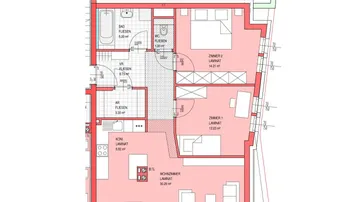 Grundriss einer Wohnung mit offenem Wohnbereich, Balkon, zwei Schlafzimmern und zwei Bädern.