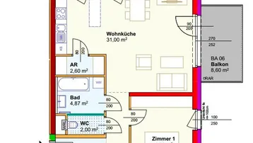 Grundriss einer Wohnung mit offener Wohnküche, einem Schlafzimmer und Balkon.