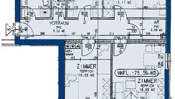 Grundriss einer Wohnung mit mehreren Zimmern, Küche, Bad und Balkon.