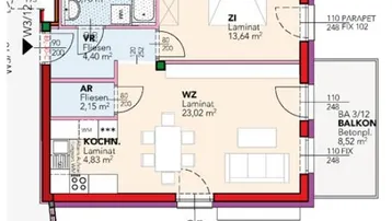 Grundriss einer Wohnung mit einem Schlafzimmer, offenem Wohnbereich, Küche, Bad und Balkon.