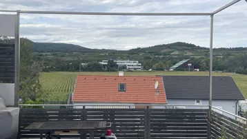 Weitläufige Terrasse mit Panoramablick auf Weinberge und grüne Hügel unter bewölktem Himmel.