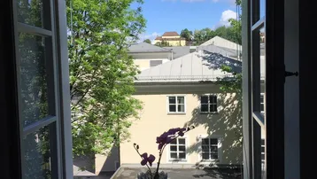 Blick aus dem Fenster auf grüne Bäume und umliegende Gebäude unter blauem Himmel.