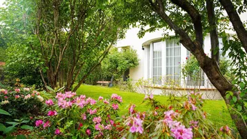 Gepflegter Garten mit blühenden Rhododendren und Blick auf die Hausfassade mit großen Fenstern.
