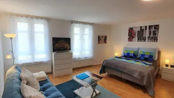 Helles Studio-Apartment mit Schlafbereich, Sofa, Fernseher und großen Fenstern.