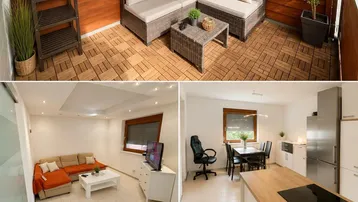 Helle Innenräume und ein gemütlicher Balkon mit Holzboden und Sitzgelegenheiten, ideal zum Entspannen.