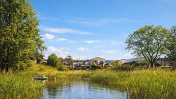 Ruhige Naturlandschaft mit einem kleinen Seeabschnitt, Schilf und Häusern im Hintergrund unter blauem Himmel.