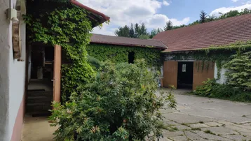 Innenhof mit alten Gebäuden, die mit Efeu bewachsen sind, unter einem bewölkten Himmel.