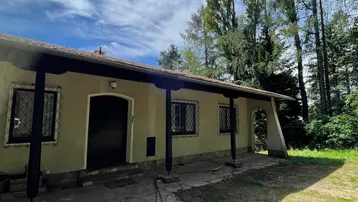 Traditionelles Haus mit überdachtem Eingangsbereich und gepflastertem Weg im Grünen.