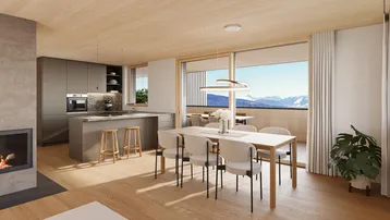 Heller offener Wohn-Essbereich mit moderner Küche, Kamin und Zugang zu einem Balkon mit Bergblick.