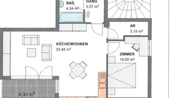 Grundriss einer Wohnung mit offener Küche, Wohnbereich, Schlafzimmer und Bad.
