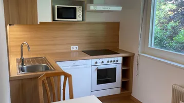 Kleine, funktionale Küche mit integrierten Geräten, Essbereich und Fenster mit Blick ins Grüne.
