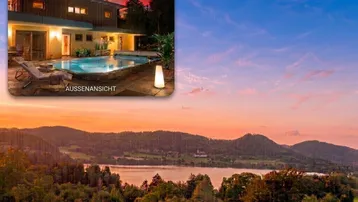 Panoramablick auf See und Berge bei Sonnenuntergang mit einer Außenansicht des Hauses und Pool.