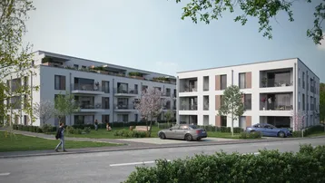 Moderne Wohngebäude mit klaren Linien, Balkonen und gepflegten Grünflächen in einer städtischen Umgebung.