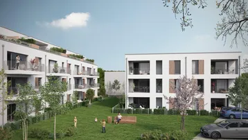 Visualisierung von modernen Wohngebäuden mit einer großen, gemeinschaftlichen Grünfläche und Spielmöglichkeiten.