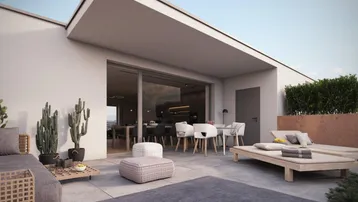 Geräumige Dachterrasse mit modernen Lounge-Möbeln, Essbereich und Blick ins Grüne.