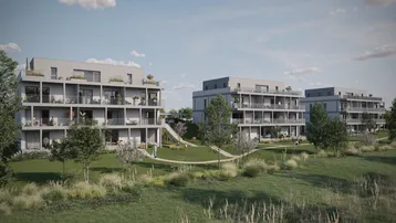 Moderne Wohngebäude mit Balkonen und großzügigen Grünflächen, inklusive Spielbereich für Kinder.