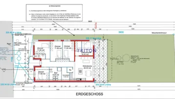 Grundriss des Erdgeschosses mit mehreren Zimmern, Bad und Wohnküche, sowie Zugang zum Gartenbereich.