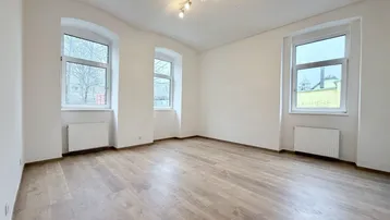 Heller, leerer Raum mit Laminatboden und mehreren Fenstern, bereit zur individuellen Gestaltung.