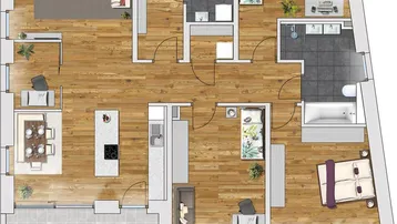 Detaillierter Grundriss einer Wohnung mit mehreren Zimmern, offener Küche und Balkon.