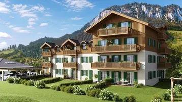 Visualisierung eines modernen Chalet-Gebäudes mit Holzbalkonen und Bergblick in alpiner Landschaft.