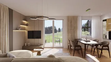Helles Wohn- und Esszimmer mit modernem Design, Holzboden und Zugang zum Balkon mit Bergblick.