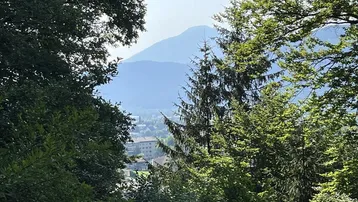 Panoramablick auf eine Berglandschaft und ein Tal mit Siedlung, umrahmt von grünen Baumwipfeln.