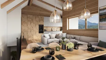 Heller, offener Wohn- und Essbereich mit Holzwänden, sichtbaren Balken und Bergblick.