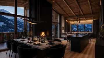 Luxuriöser Wohn- und Essbereich mit Holzakzenten, Kamin und atemberaubendem Bergblick durch große Fenster.