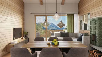 Heller Wohn-Essbereich mit Holzwänden, Kachelofen und Zugang zu einem Balkon mit Bergblick.