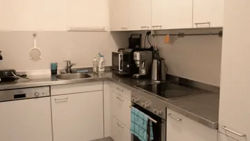 Moderne Einbauküche mit weißen Schränken, Edelstahlgeräten und integrierter Spülmaschine.