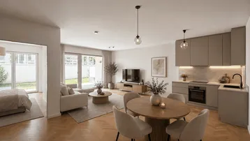 Modernes, offenes Wohn-Esszimmer mit integrierter Küche, Parkettboden und Zugang zum Garten.