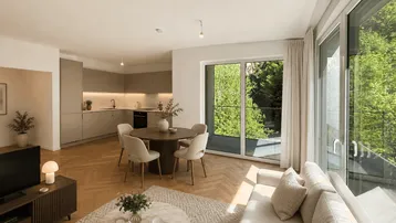 Moderne, offene Wohnküche mit Essbereich, Parkettboden und Zugang zum Balkon.