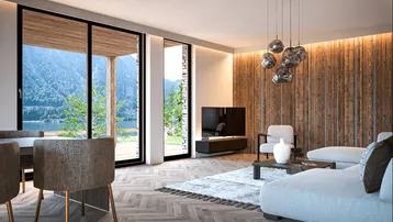 Geräumiger Wohn-Essbereich mit Holzakzenten, modernen Möbeln und beeindruckendem Seeblick durch große Fenster.