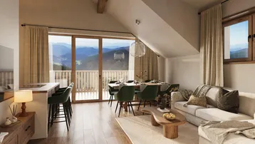 Heller offener Wohn-Essbereich mit Holzboden, Bergblick und moderner Einrichtung unter Dachschräge.