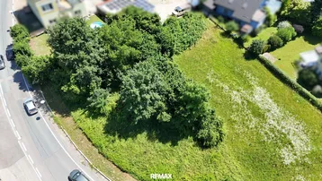 Luftaufnahme eines grünen Grundstücks mit Bäumen und angrenzender Straße in ländlicher Umgebung.