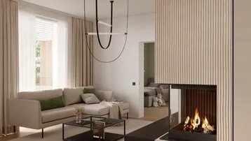 Gemütliches Wohnzimmer mit modernem Kamin, beigem Sofa und hellem Holzfußboden.