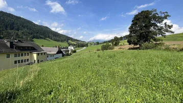 Blick auf das Anwesen mit umliegenden grünen Wiesen und bewaldeten Bergen unter blauem Himmel.