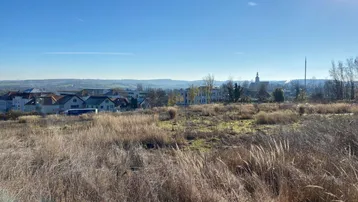 Weitläufiges Grundstück mit weitem Blick über die Landschaft und eine nahegelegene Ortschaft unter blauem Himmel.