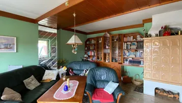 Traditionelles Wohnzimmer mit grünen Wänden, Holzbalkendecke und einem dekorativen Kachelofen.