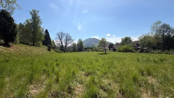 Weitläufiges grünes Grundstück mit Blick auf die umliegende Natur und Berge unter blauem Himmel.