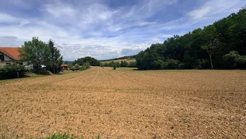 Weite Ackerlandschaft mit bewaldeten Hügeln im Hintergrund und einem Haus am Horizont.