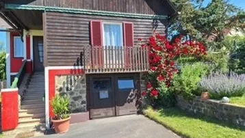 Rustikales Holzhaus mit Balkon, Garage und blühendem Gartenbereich unter blauem Himmel.
