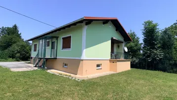 Grünes Haus mit braunem Sockel und rotem Dach, umgeben von einem sonnigen Garten.