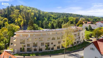 Modernes Wohngebäude mit geschwungener Architektur, umgeben von grünen Hügeln und Bäumen.