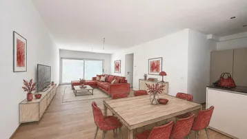Visualisierung eines offenen Wohn-Essbereichs mit modernem Design und Zugang zur Terrasse.